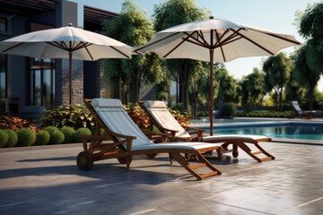 Poster - Two lounge chairs with umbrellas next to a swimming pool. Perfect for illustrating relaxation and vacation concepts