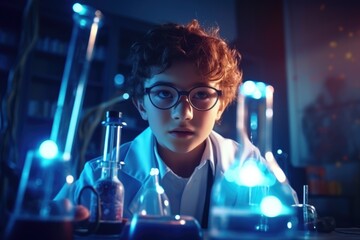 Aufkleber - A young boy wearing a lab coat is focused on observing something. This image can be used to depict curiosity, learning, and scientific exploration