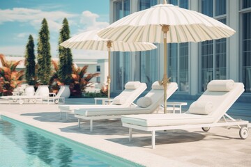 Aufkleber - A row of lounge chairs next to a swimming pool. Perfect for travel brochures or vacation advertisements