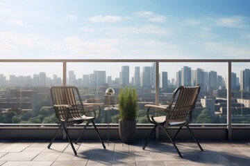 Two chairs placed on a balcony with a stunning view of the city. Perfect for urban lifestyle themes or real estate marketing