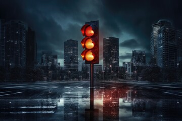 Poster - A red traffic light sitting on the side of a road. This image can be used to represent traffic regulations, road safety, or urban transportation