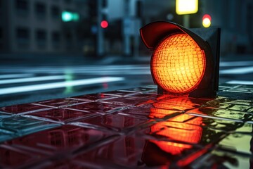 Poster - A red traffic light sitting on the side of a road. This image can be used to represent traffic regulations and road safety