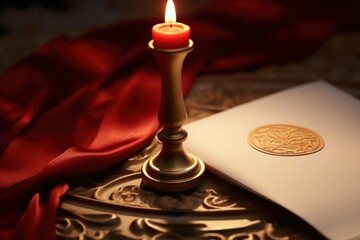 Poster - A lit candle sits on top of a table next to a piece of paper. This image can be used to depict relaxation, mindfulness, or writing inspiration