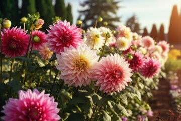 Aufkleber - A beautiful field filled with pink and white flowers, with tall trees in the background. This picture is perfect for nature lovers and can be used for various purposes
