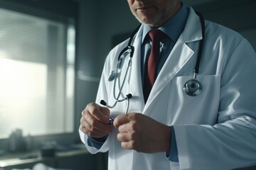 Poster - A man in a white lab coat is holding a stethoscope. This image can be used to depict healthcare, medical profession, or doctor-patient interactions