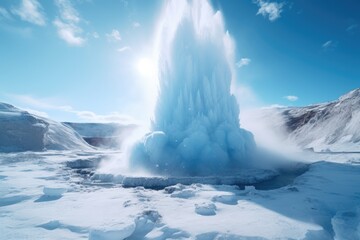 Poster - A geyser surrounded by a snowy landscape. Perfect for travel brochures or winter-themed designs
