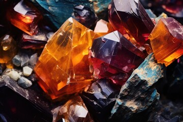 Poster - A vibrant stack of assorted crystals, creating a mesmerizing display. Perfect for adding a touch of color and elegance to any project or design