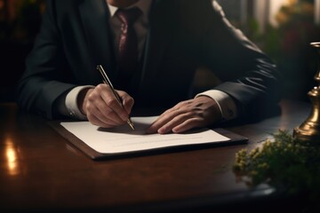 Aufkleber - A man in a suit is writing on a piece of paper. This image can be used for business, education, or communication-related projects