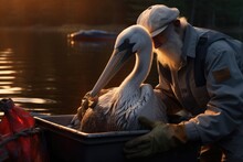 A Man Is Seen Sitting In A Boat With Two Pelicans. This Image Can Be Used To Depict A Peaceful And Serene Moment In Nature