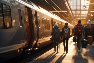Poster - A group of people walking towards a train. Perfect for travel or transportation-related projects
