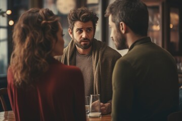 Poster - A group of people engaged in conversation around a table. This image can be used to depict teamwork, collaboration, meetings, brainstorming sessions, or discussions in various settings