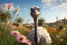 An Ostrich Standing In A Field Of Vibrant Flowers. This Image Can Be Used To Represent Nature, Wildlife, Or The Beauty Of The Outdoors