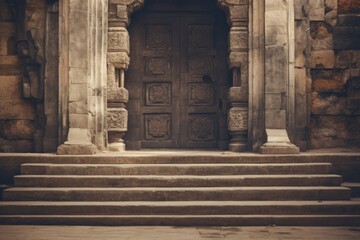Poster - A picture of a door and steps leading to a stone building. This image can be used to depict a historical site, an architectural masterpiece, or a mysterious entrance