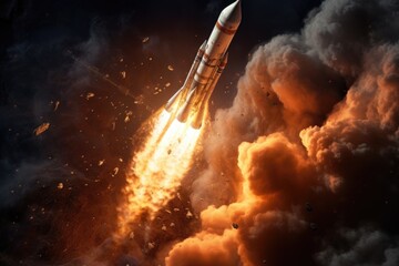 Poster - A powerful rocket taking off into the sky, leaving behind a trail of smoke. Perfect for illustrating space exploration, scientific advancements, or technological progress