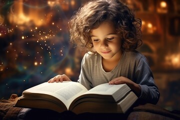 Poster - A little girl engrossed in reading a book while sitting on a bed. Perfect for educational and bedtime-themed content