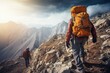 A picture of a couple walking up a mountain. Perfect for travel and adventure themes