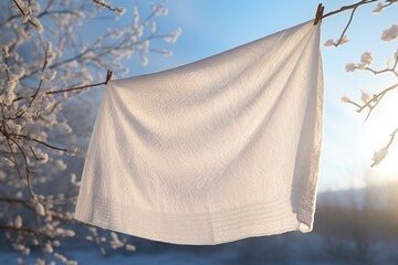 Poster - A white towel is hanging on a clothes line. This image can be used to depict cleanliness, laundry, or a simple household chore