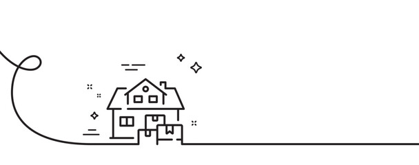 Poster - Home moving line icon. Continuous one line with curl. Package delivery sign. House storage symbol. Home moving single outline ribbon. Loop curve pattern. Vector