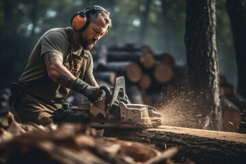 Poster - A man is using a chainsaw to cut wood. This image can be used to depict activities such as logging, woodworking, or home improvement projects