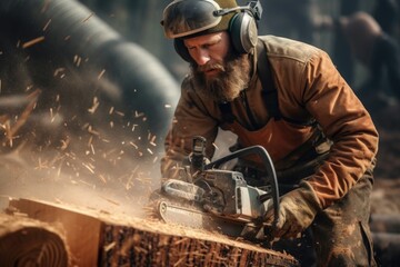 Poster - A man is using a chainsaw to cut a piece of wood. This image can be used to depict activities such as woodworking, construction, or DIY projects
