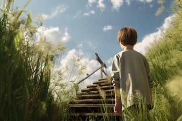 Poster - A young boy is seen walking up a set of stairs. This image can be used to depict growth, progress, or the journey of life