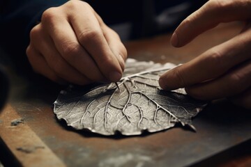 Poster - A close-up image of a person working on a leaf. This picture can be used to depict someone engaged in detailed work or to illustrate concepts such as nature, creativity, or craftsmanship