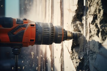 Poster - A detailed close-up of a drill mounted on a wall. Ideal for construction and home improvement projects