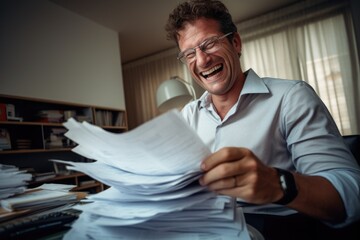 Aufkleber - A man can be seen laughing while holding a stack of papers. This image can be used to depict joy, humor, or work-related situations
