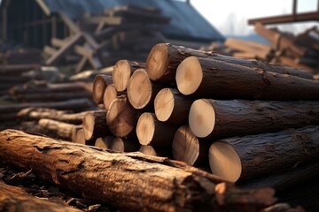 Wall Mural - A pile of logs sitting on top of a pile of wood. This image can be used to depict a lumberyard, firewood storage, or the logging industry