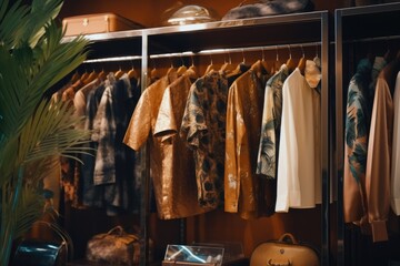 Poster - A closet filled with a wide variety of clothes next to a vibrant potted plant. Perfect for showcasing a stylish wardrobe and adding a touch of greenery to any space
