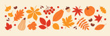 Fototapeta Dinusie - Autumn vector set of bright colourful fall leaves, pumpkins, berries, apple, acorn and chestnut in flat minimal style.