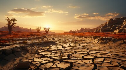 Poster - a dry cracked ground with a city in the background