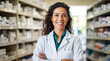 Smiling pharmacist in a pharmacy portrait, mature latina woman in drug store, hd