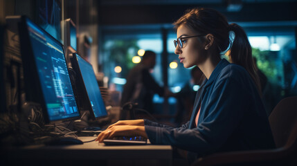 candid female programmer deeply engrossed in her work, showcasing passion and focus in the world of coding