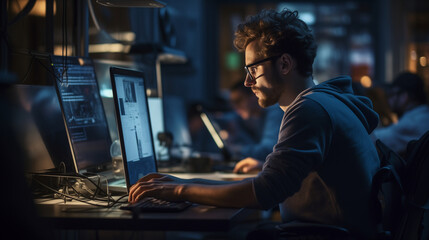 candid male programmer deeply engrossed in his work, showcasing passion and focus in the world of co