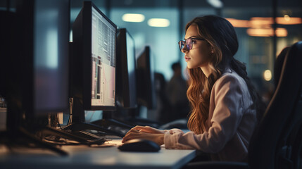 candid female programmer deeply engrossed in her work, showcasing passion and focus in the world of coding
