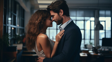 A pair of office workers embracing in an empty office, the concept of a workplace romance