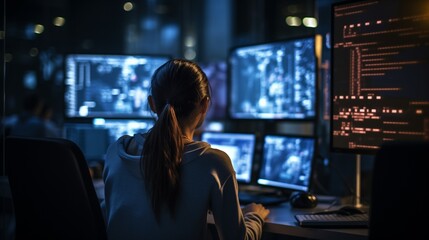 candid female programmer deeply engrossed in her work, showcasing passion and focus in the world of coding