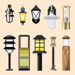 Collection of wall lamps and garden in lamps on cream background.