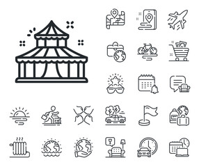 Poster - Amusement park sign. Plane jet, travel map and baggage claim outline icons. Circus line icon. Circus line sign. Car rental, taxi transport icon. Place location. Airport lounge. Vector