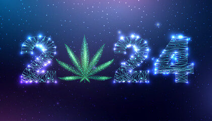 Happy new year 2024 greeting card with cannabis leaf. Low poly style design. Numbers from a polygonal wireframe mesh. Abstract vector illustration.