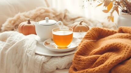 Pumpkin spice cup of tea stock photo, cozy teatime autumn drink