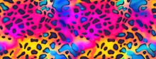 Seamless Psychedelic Rainbow 80s Leopard Print Animal Skin Pattern Background Texture. Trippy Abstract Dopamine Fashion Motif. Bright Colorful Neon Pink, Blue , Yellow Wallpaper Retro Backdrop