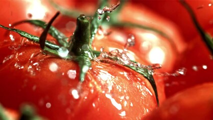 Canvas Print - Drops of water fall on tomatoes. Macro shot. Filmed on a high-speed camera at 1000 fps. High quality FullHD footage