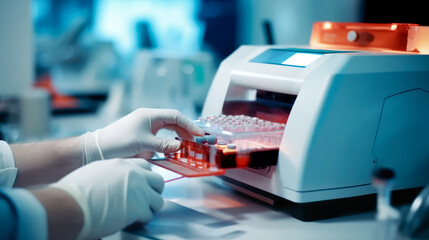 Wall Mural - hand of researcher working with microplate for elisa analysis in machine. Doctor working with panel microplate for analysis and diagnostic in the laboratory. 