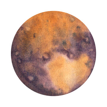 Pluto. Planets of our solar system isolated on transparent background. Watercolor Illustration on background of outer space with stars