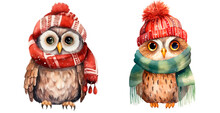 Set Of Watercolor Illustration Of A Christmas Owl Wearing A Knitted Scarf And Hat, Isolated On Transparent Background