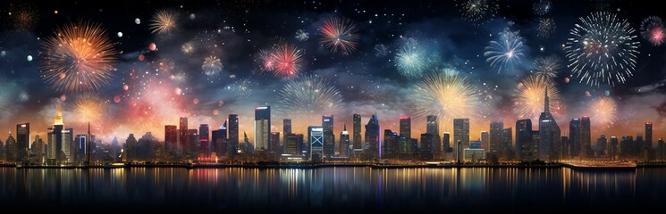 Wall Mural - Fireworks in the night city. Holiday fireworks, New Year's Eve