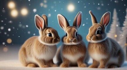 Cute baby bunnies posing against christmas ambience background with space for text, background image, AI generated