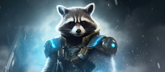 Icy  racoon animal beast with gold jewelry and shield armour , epic lightning background , photo realistic, Generative AI